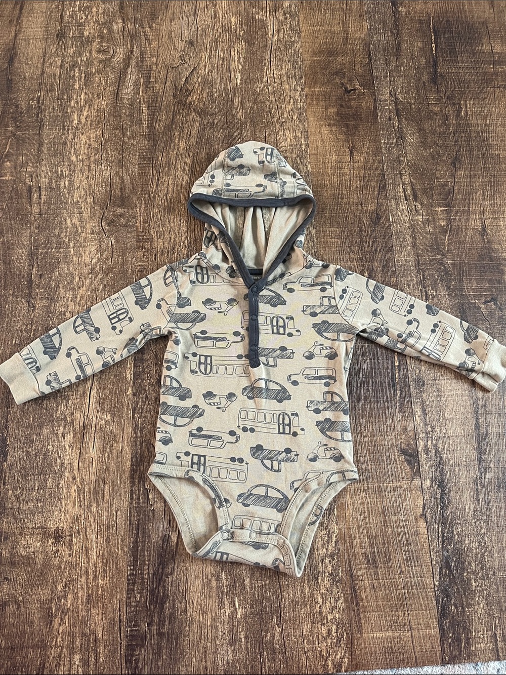 Carter's Beige Hooded One-Piece Bodysuit with Gray Vehicle Print